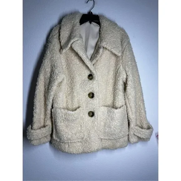 Free People Runway Popular Soft Teddy Bear Faux Fur Ivory Sherpa JacketSize M